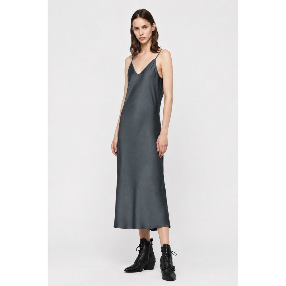ALLSAINTS Tierny 90s Y2K Midi Satin Slip Dress Sleeveless V-Neck Grunge Green